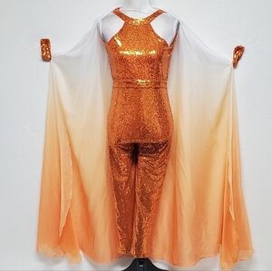 One More Couture One Of A Kind Neon Orange Sequin Jumpsuit Ombre Cape Set XS